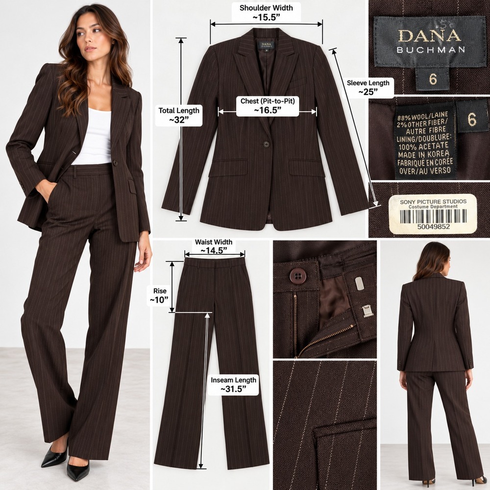 Dana Buchman 2-Piece Blazer & Pants Suit Set Womens 6 Brown Pinstripe Wool Blend